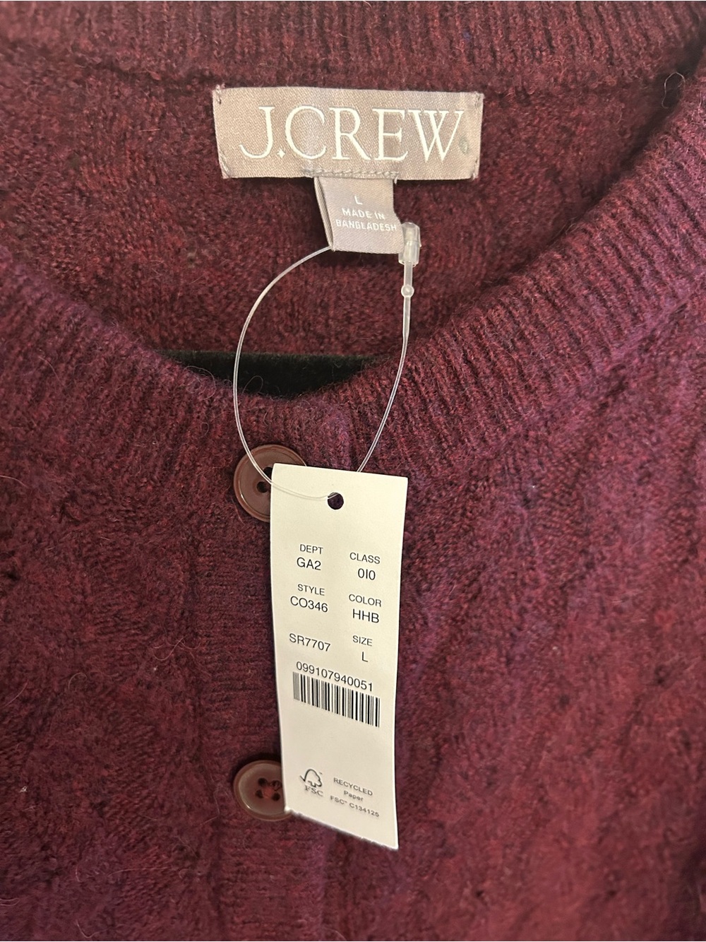 NWT J. Crew Women's Cable Knit Merino wool Button-Up Cardigan - Plum (089) - Picture 2 of 4